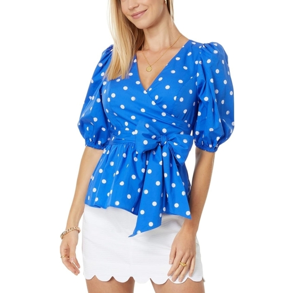 Lilly Pulitzer Kara Cotton Wrap Top In Blue Grotto Hotter Spot - Picture 1 of 7